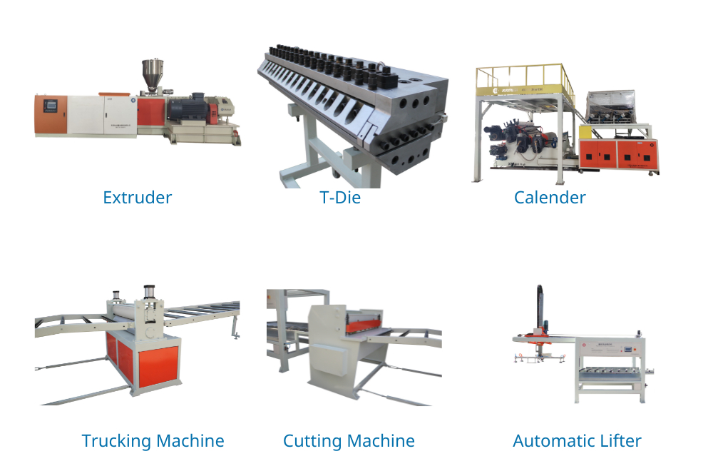 main components of spc flooring line: extruder, t-die, calender, trucking and cutting machine