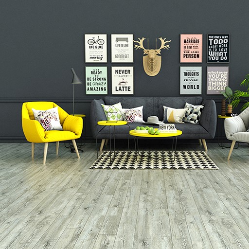 contemporary living room interior installed with light wood spc flooring