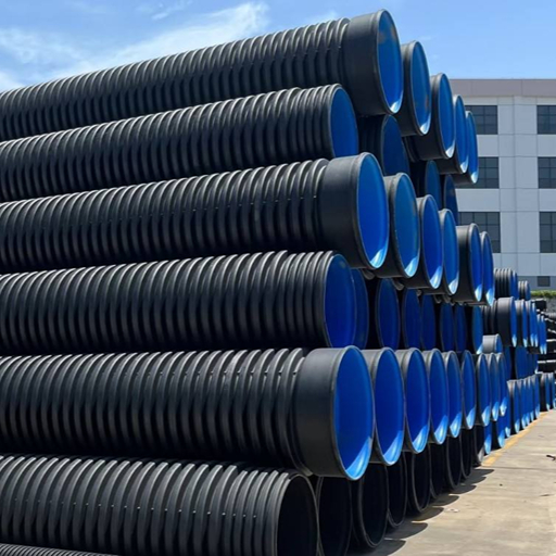 stacked hdpe double wall corrugated sewage pipes in factory warehouse