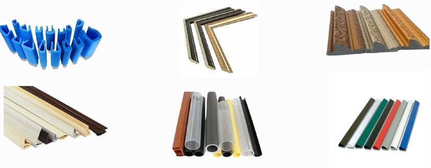 different small plastic extrusion products, sealing strips, picture frame mouldings and decorative trim profiles